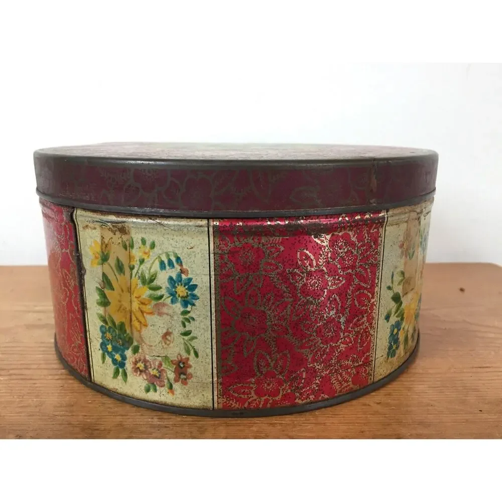 Vtg Huntley Palmers Floral Round Metal Biscuit Wafer Cookie Tin London England